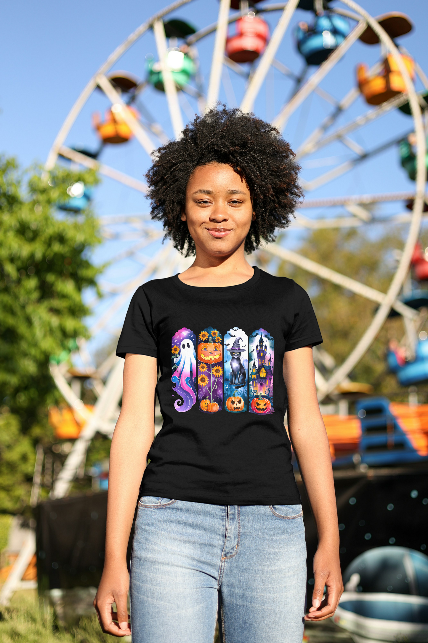 Halloween Spooky Scenes T-Shirt - Ghost Pumpkin Cat Witch Graphic Tee - Women's Halloween Party Shirt