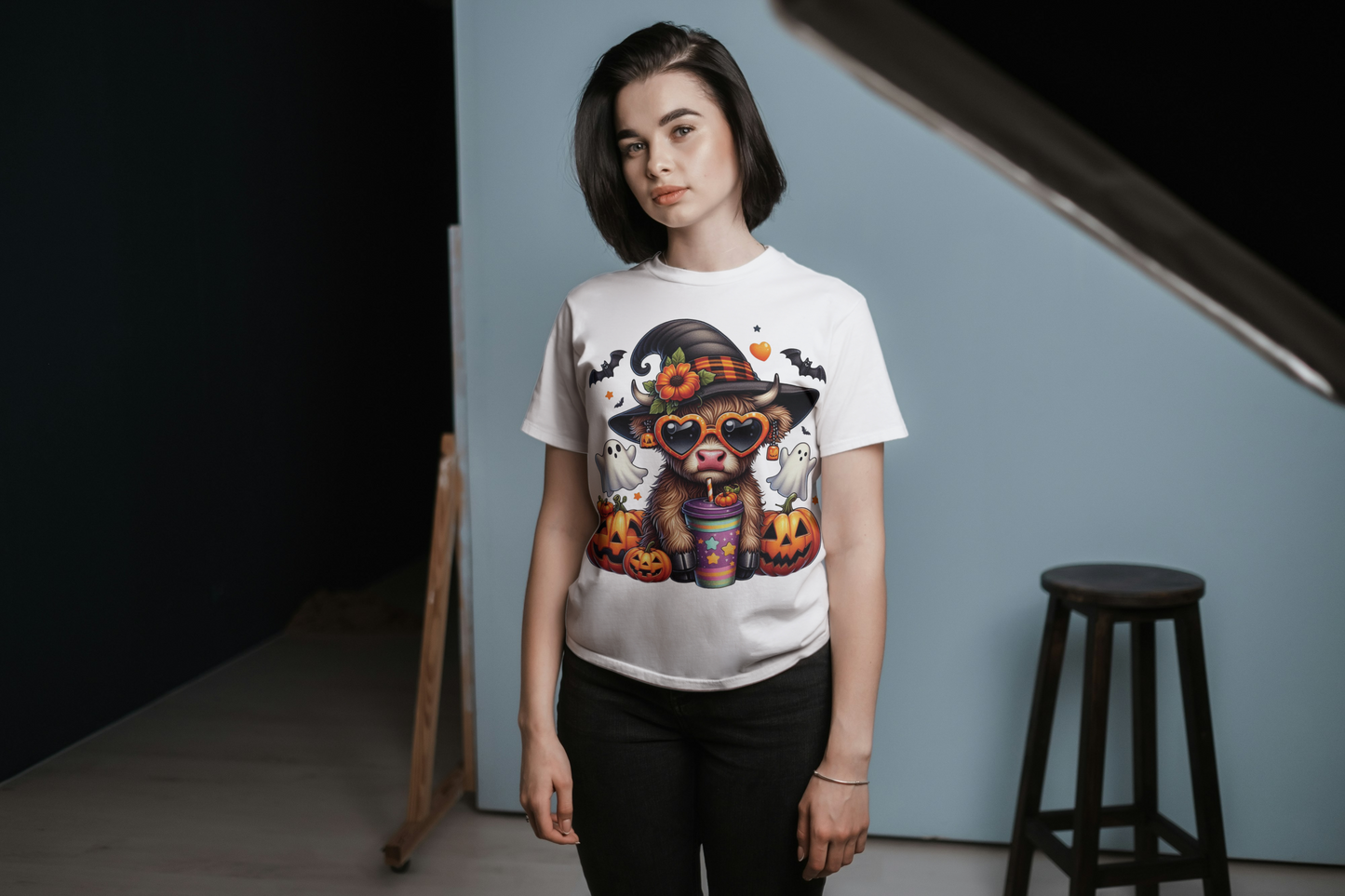 Halloween Cow with Witch Hat T-Shirt - Spooky Farm Animal Graphic Tee - Cute Halloween Pumpkin Shirt