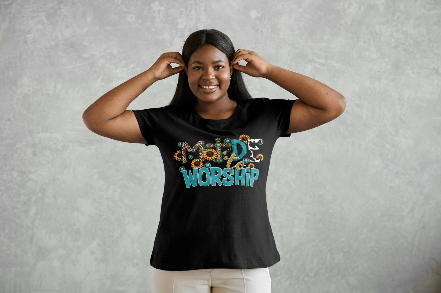 Made to Worship Christian T-Shirt - Faith Based Sunflower Cow Print Tee