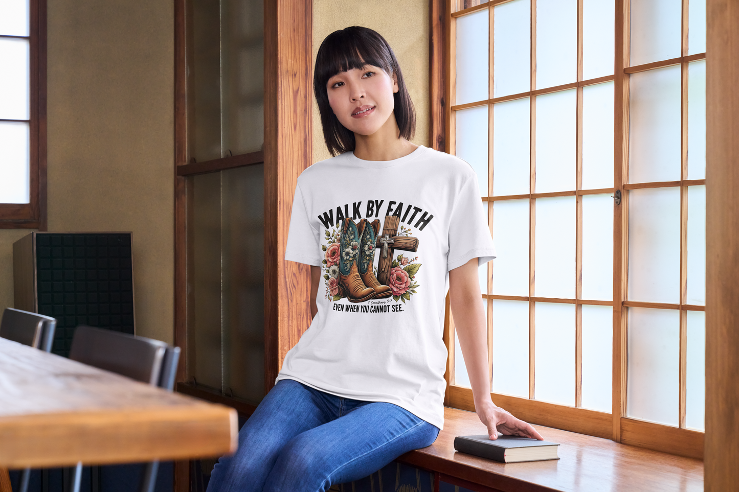 Walk By Faith Cowboy Boots Christian T-Shirt - Inspirational Faith Quote Tee