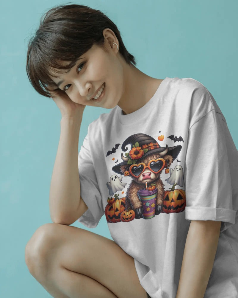 Halloween Cow with Witch Hat T-Shirt - Spooky Farm Animal Graphic Tee - Cute Halloween Pumpkin Shirt