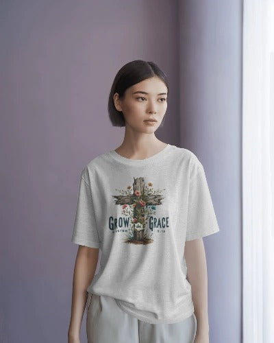 Grow in Grace 2 Peter 3:18 Christian T-Shirt - Faith Inspirational Floral Cross Tee - Religious Women's Apparel