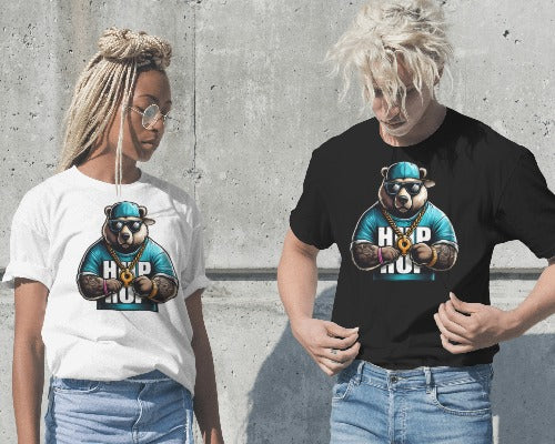 Hip Hop Bear Graphic T-Shirt - Cool Animal Streetwear Tee - Urban Style Rapper Bear with Sunglasses