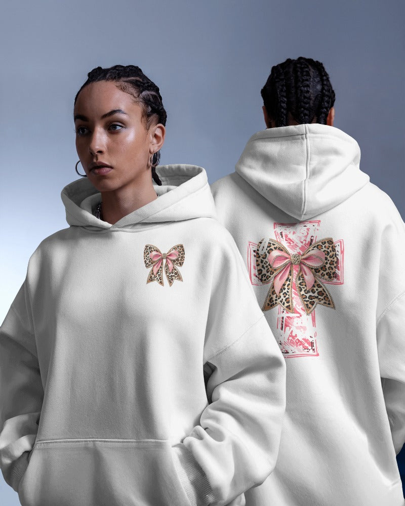 Leopard Print Bow Hoodie - Pink Ribbon Design Front & Back Graphic Sweatshirt