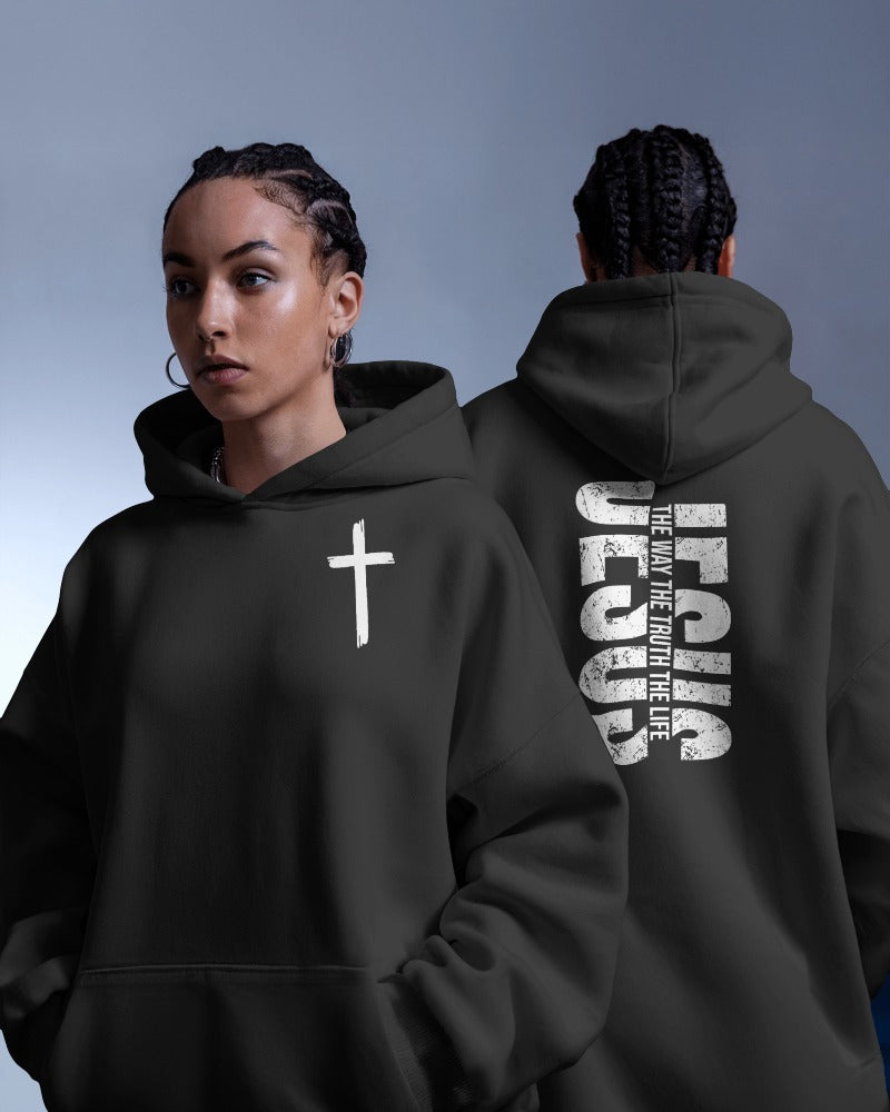 Jesus Cross Hoodie - Christian Faith Religious Pullover Sweatshirt with Front Cross and Back Text Design