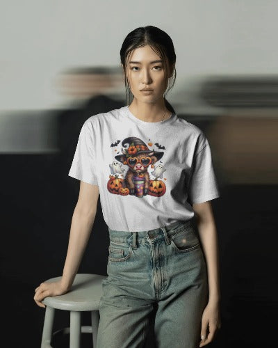 Halloween Cow with Witch Hat T-Shirt - Spooky Farm Animal Graphic Tee - Cute Halloween Pumpkin Shirt