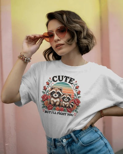 Cute But I’ll Fight You Funny Raccoon Floral Tee