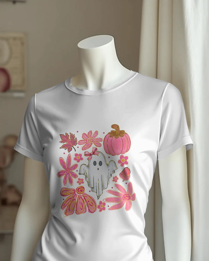 Pink Autumn Haunt Tee Cute Ghost & Fall Vibes