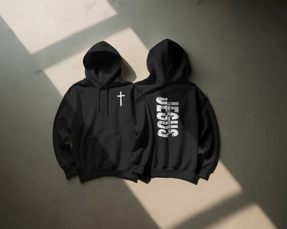 Jesus Cross Hoodie - Christian Faith Religious Pullover Sweatshirt with Front Cross and Back Text Design