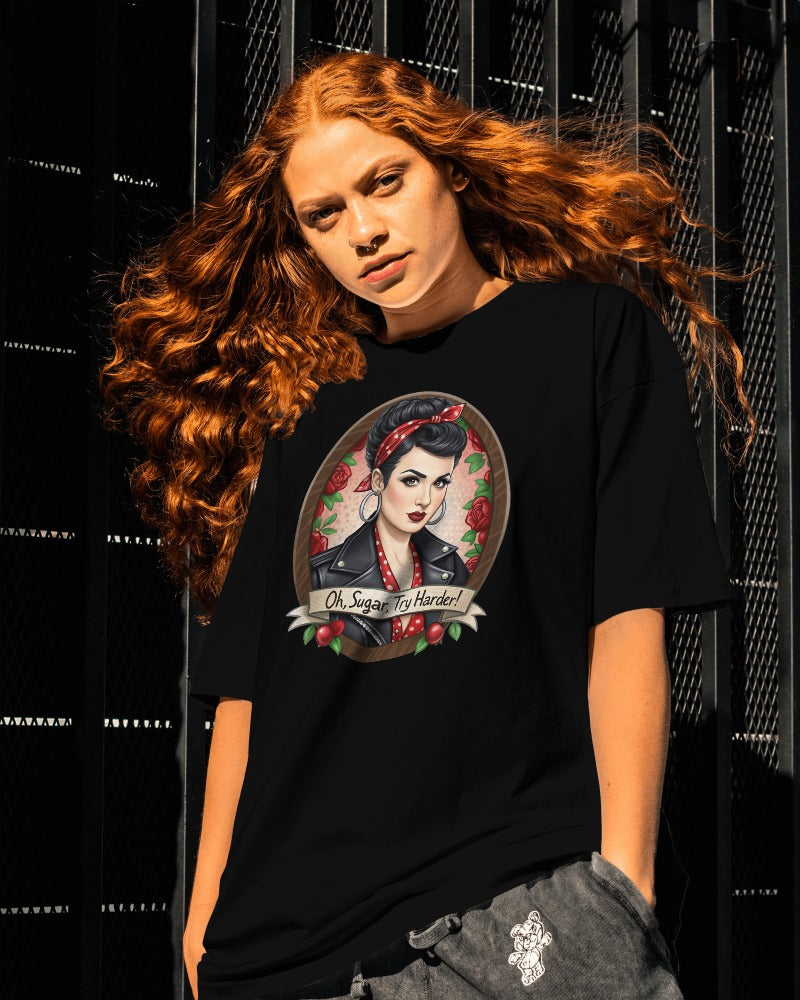 "Oh Sugar Try Harder" Pin Up Rose Design T-Shirt - Vintage Rockabilly Graphic Tee with Sassy Quote