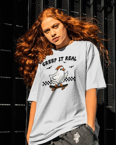 Creep It Real Halloween T-Shirt - Skateboarding Ghost Graphic Tee - Funny Halloween Skater Shirt