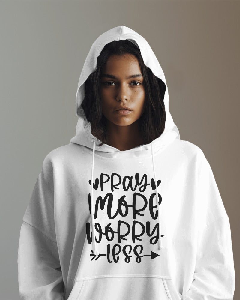 "Pray More Worry Less Hoodie – Inspirational Faith Graphic Hoodie"