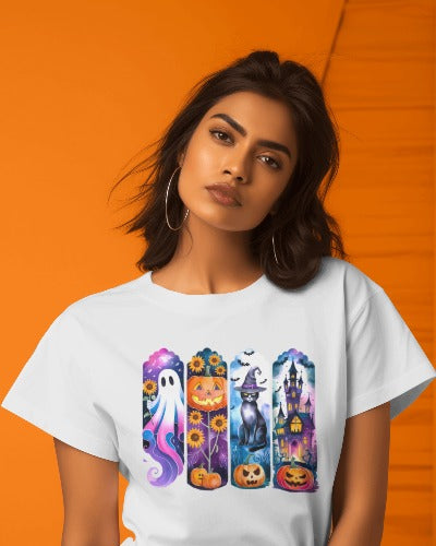 Halloween Spooky Scenes T-Shirt - Ghost Pumpkin Cat Witch Graphic Tee - Women's Halloween Party Shirt