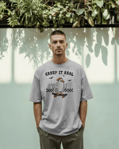 Creep It Real Halloween T-Shirt - Skateboarding Ghost Graphic Tee - Funny Halloween Skater Shirt