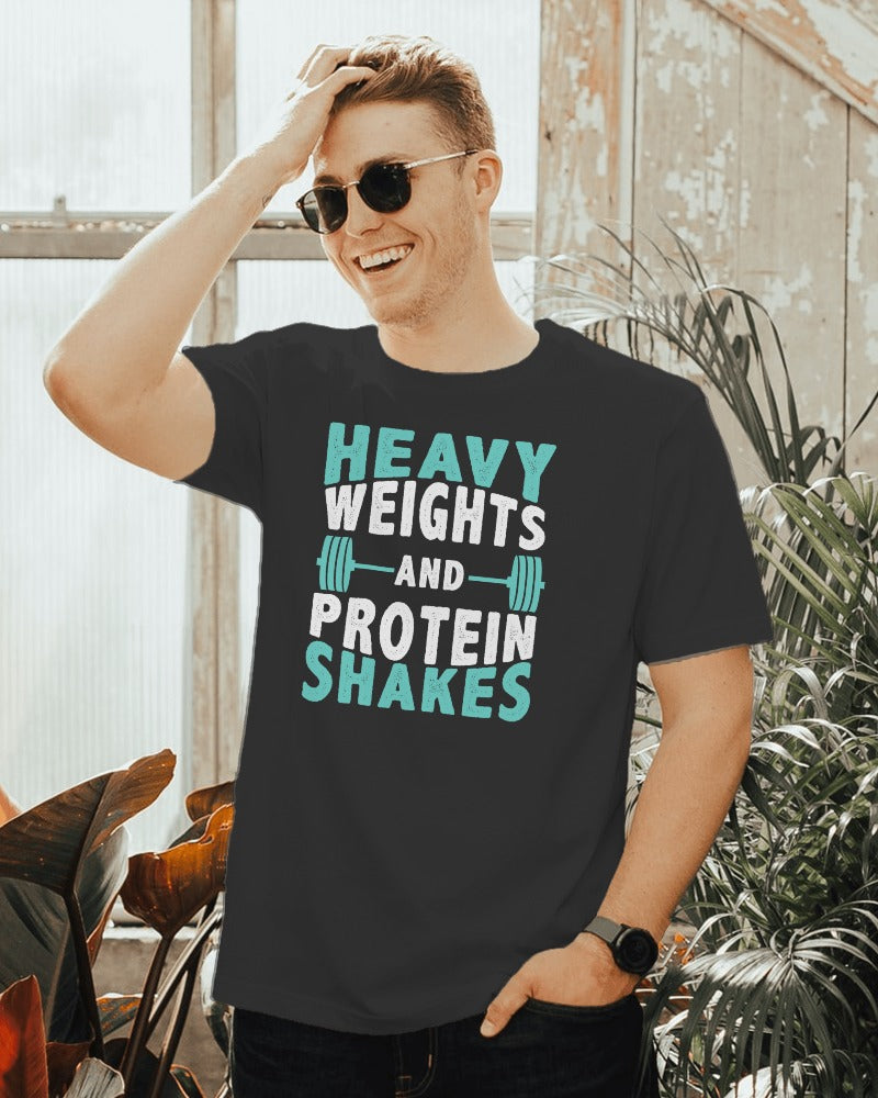 "Heavy Weights and Protein Shakes" Black Fitness Shirt - Gym Lifestyle Graphic Tee