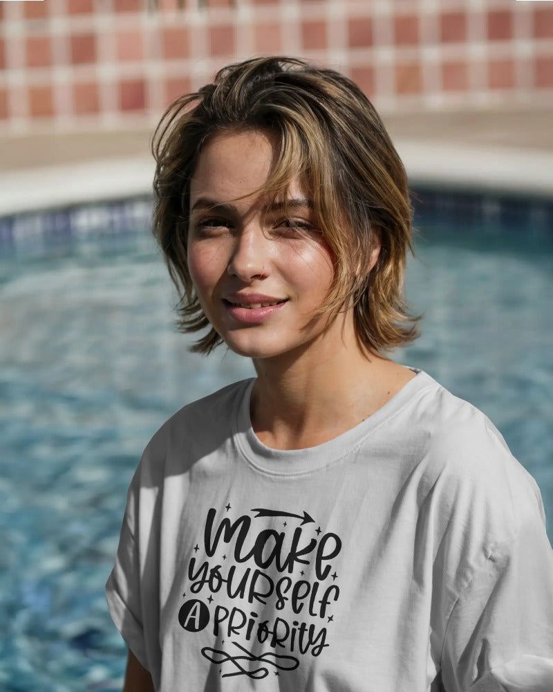 "Make Yourself a Priority" Self-Care T-Shirt - Motivational Quote Tee with Hand-Lettered Design