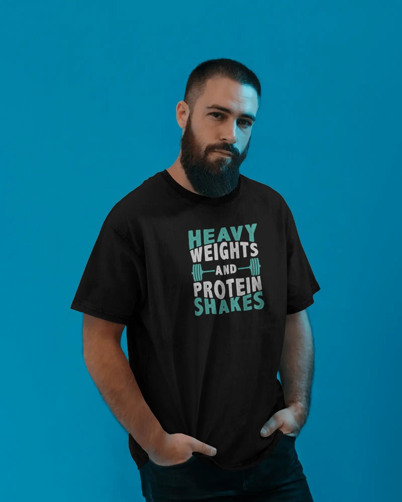 "Heavy Weights and Protein Shakes" Black Fitness Shirt - Gym Lifestyle Graphic Tee