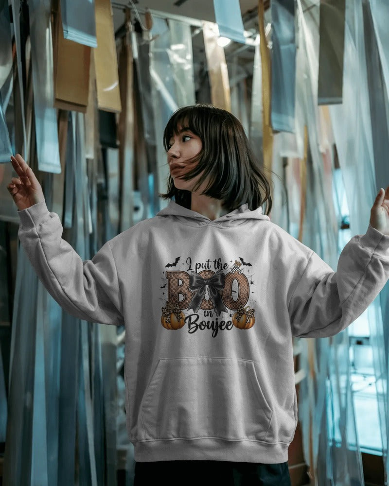 "I Put the Boo in Boujee Halloween Hoodie – Cozy Graphic Sweatshirt for Fall & Spooky Season"