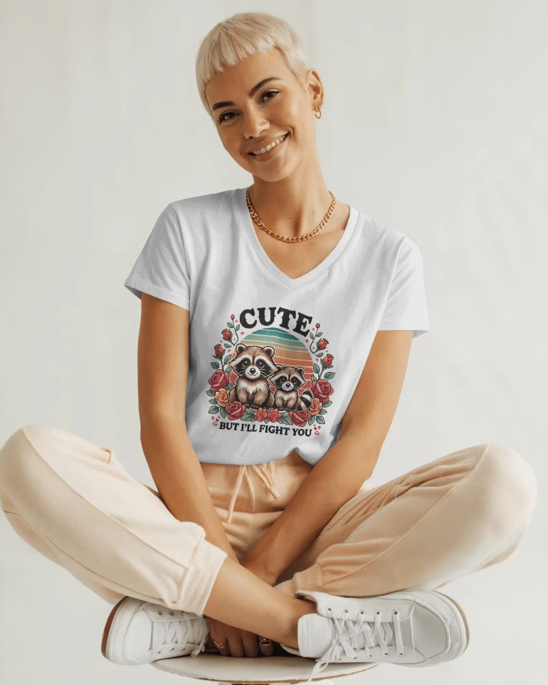 Cute But I’ll Fight You Funny Raccoon Floral Tee