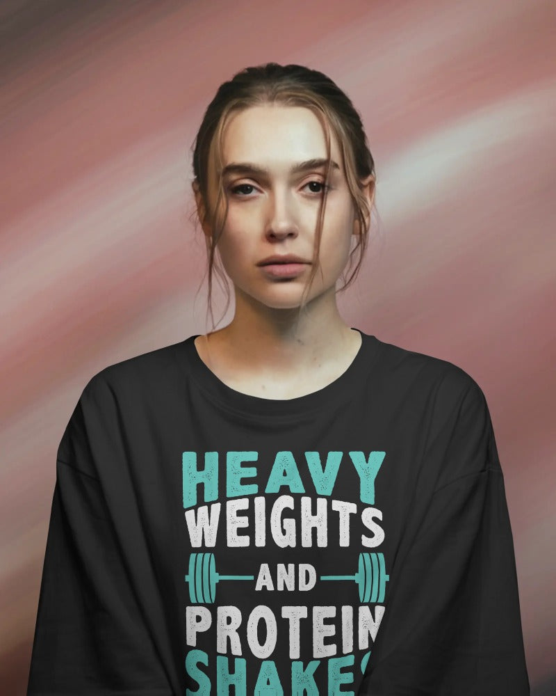 "Heavy Weights and Protein Shakes" Black Fitness Shirt - Gym Lifestyle Graphic Tee