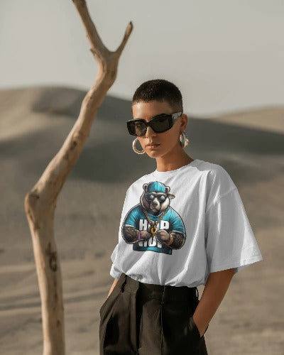 Hip Hop Bear Graphic T-Shirt - Cool Animal Streetwear Tee - Urban Style Rapper Bear with Sunglasses