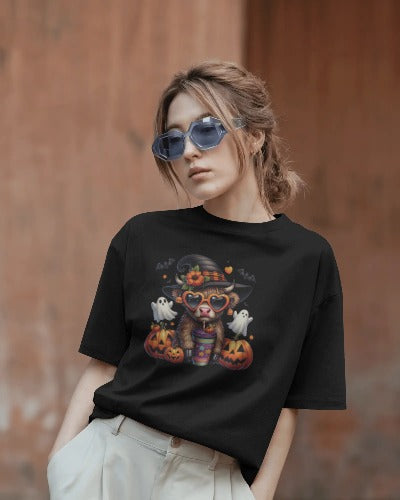 Halloween Cow with Witch Hat T-Shirt - Spooky Farm Animal Graphic Tee - Cute Halloween Pumpkin Shirt