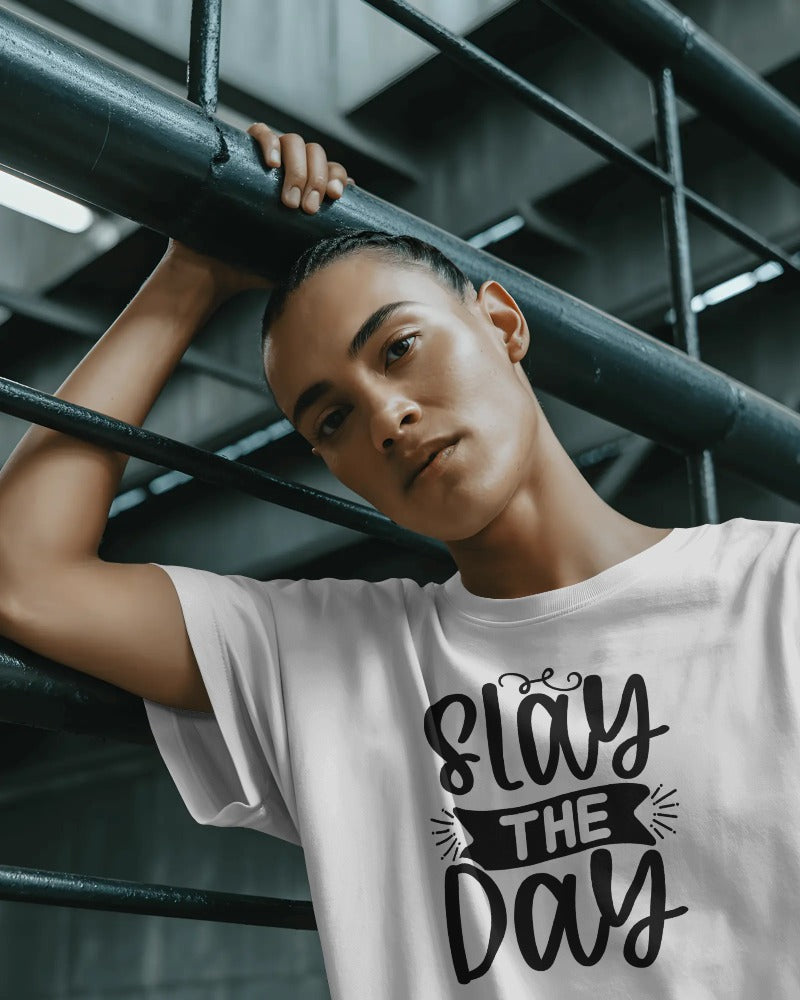 "Slay The Day" Motivational T-Shirt - Empowerment Quote Tee with Bold Typography Design