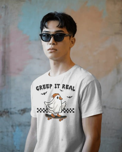 Creep It Real Halloween T-Shirt - Skateboarding Ghost Graphic Tee - Funny Halloween Skater Shirt