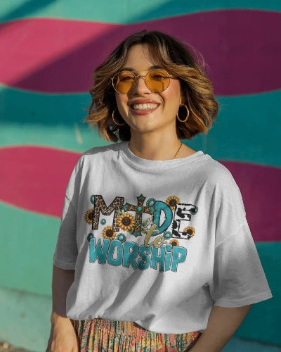 Made to Worship Christian T-Shirt - Faith Based Sunflower Cow Print Tee