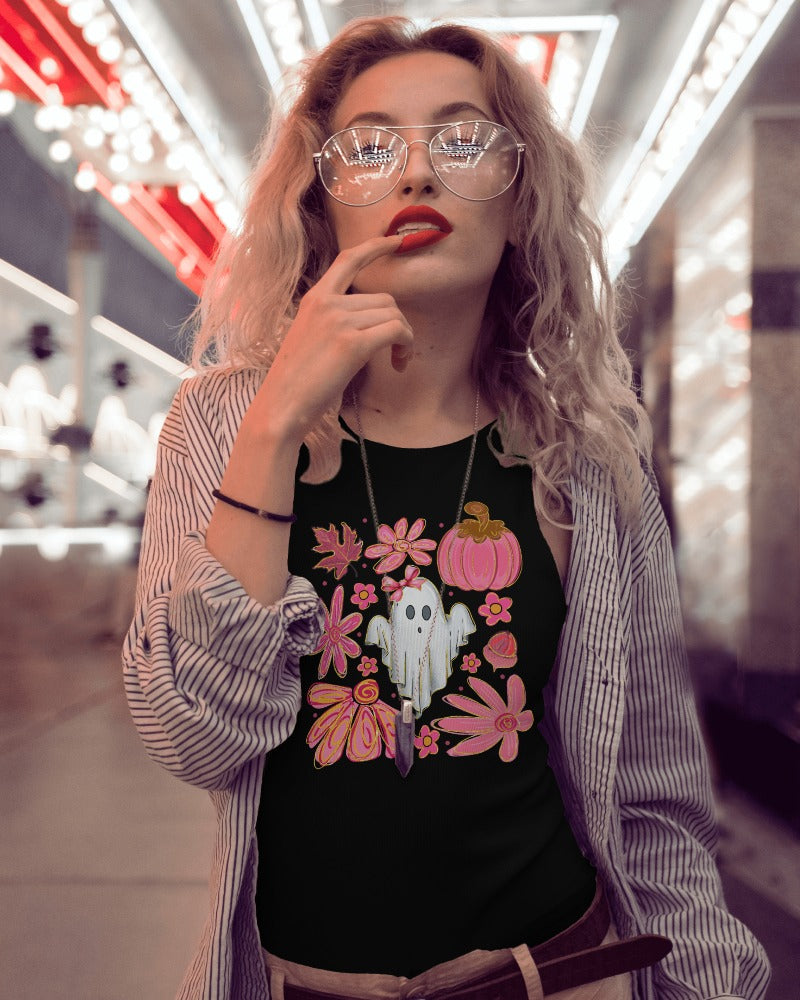 Pink Autumn Haunt Tee Cute Ghost & Fall Vibes