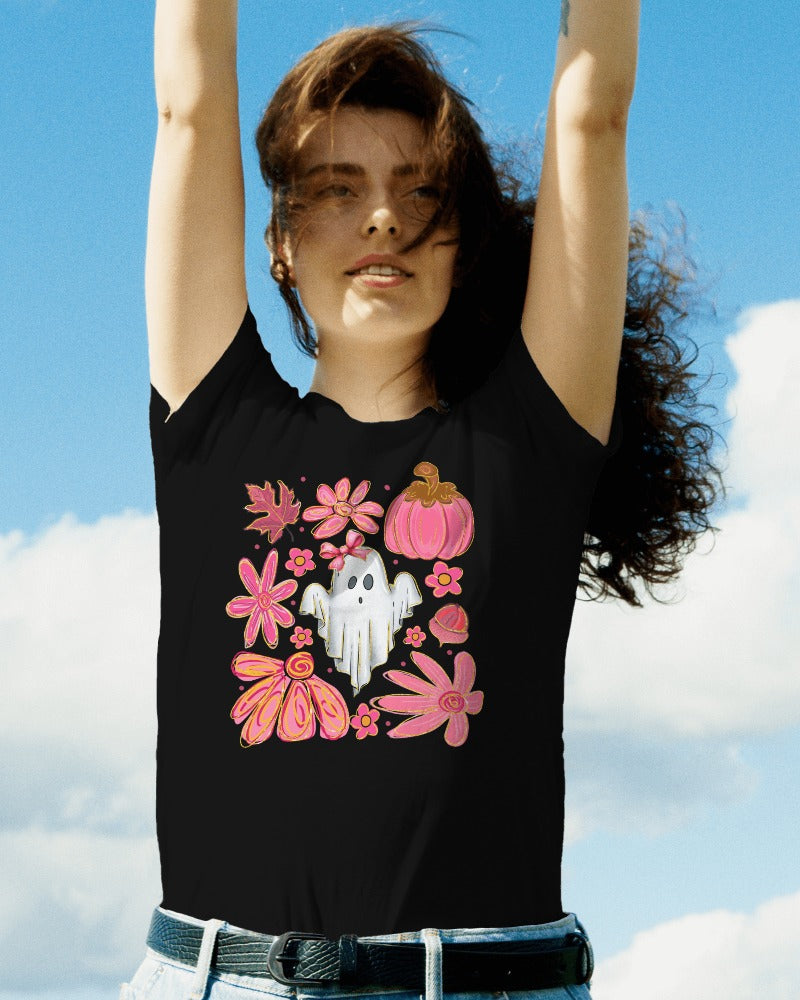 Pink Autumn Haunt Tee Cute Ghost & Fall Vibes
