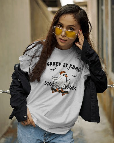 Creep It Real Halloween T-Shirt - Skateboarding Ghost Graphic Tee - Funny Halloween Skater Shirt
