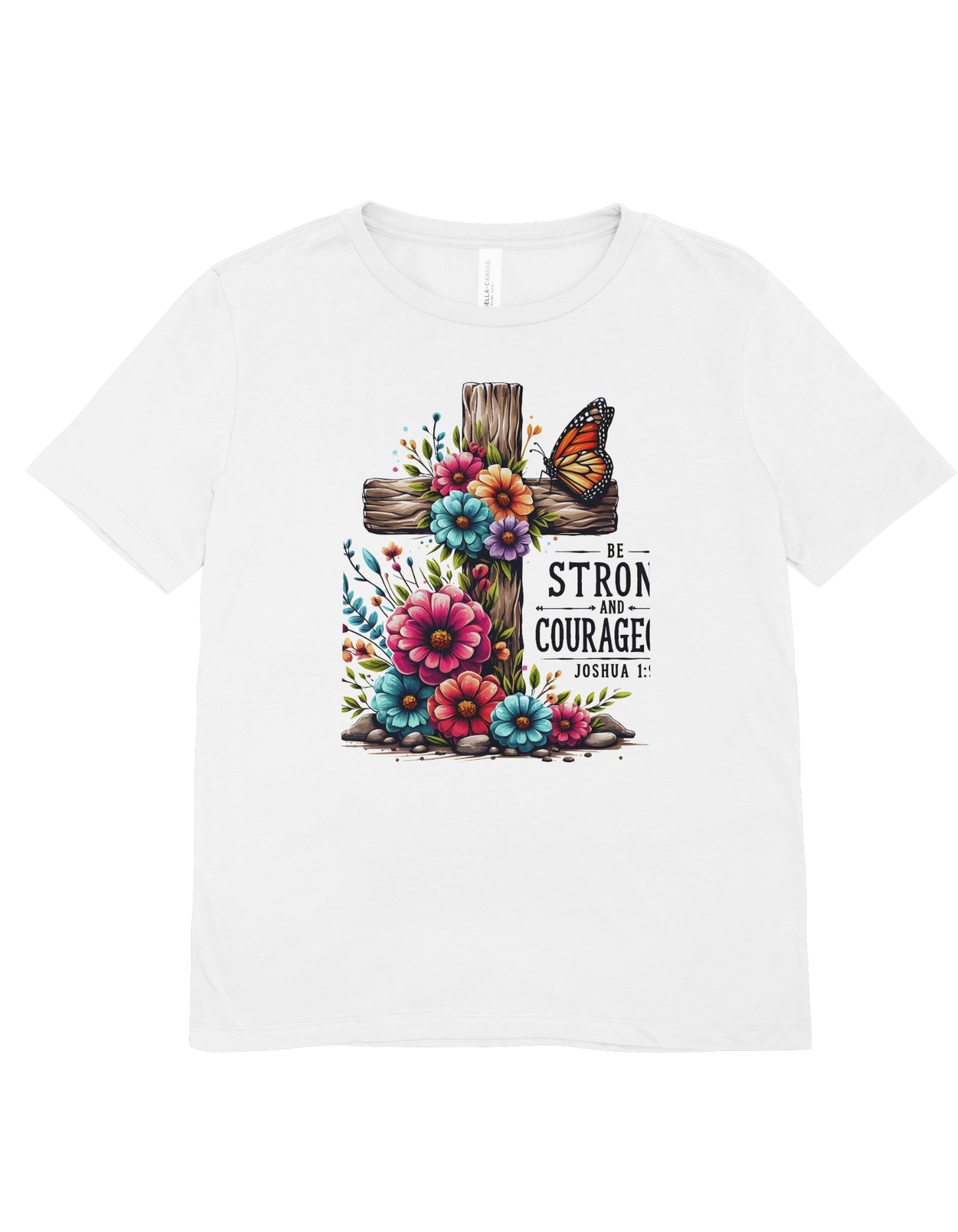 Be Strong and Courageous Joshua 1:9 Christian T-Shirt - Faith Inspirational Graphic Tee with Floral Cross Design