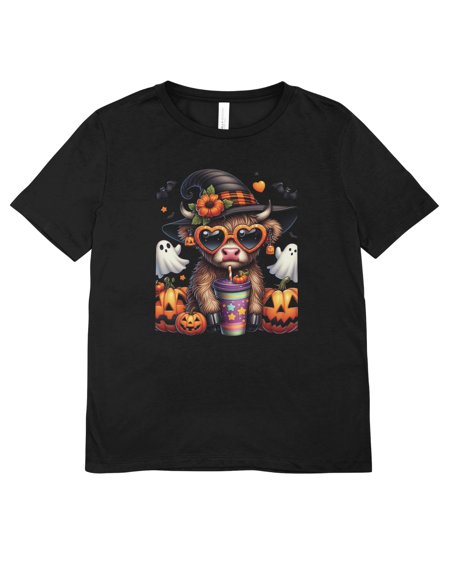 Halloween Cow with Witch Hat T-Shirt - Spooky Farm Animal Graphic Tee - Cute Halloween Pumpkin Shirt