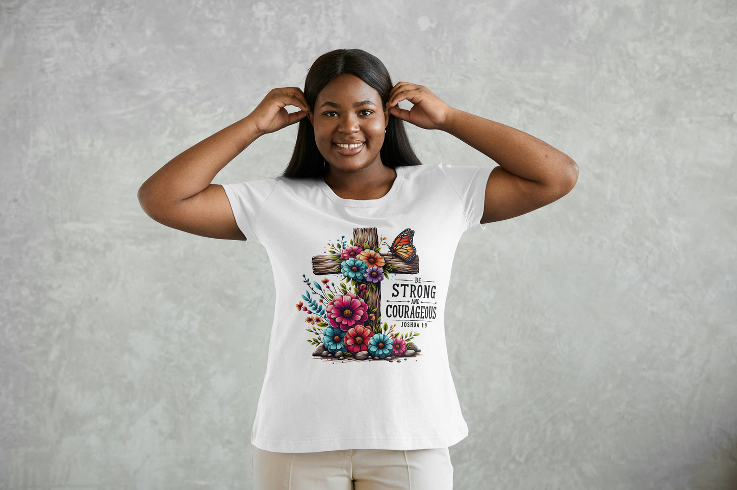 Be Strong and Courageous Joshua 1:9 Christian T-Shirt - Faith Inspirational Graphic Tee with Floral Cross Design