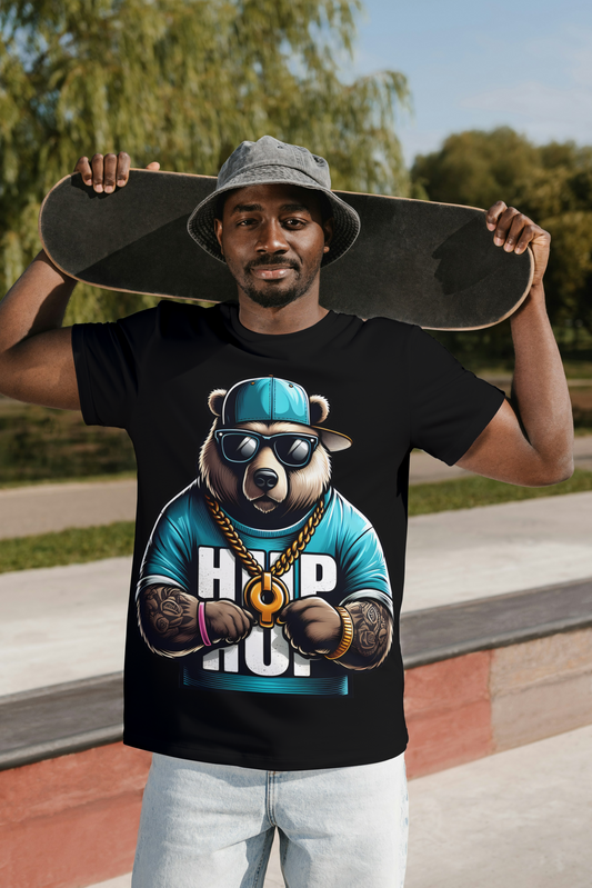 Hip Hop Bear Graphic T-Shirt - Cool Animal Streetwear Tee - Urban Style Rapper Bear with Sunglasses