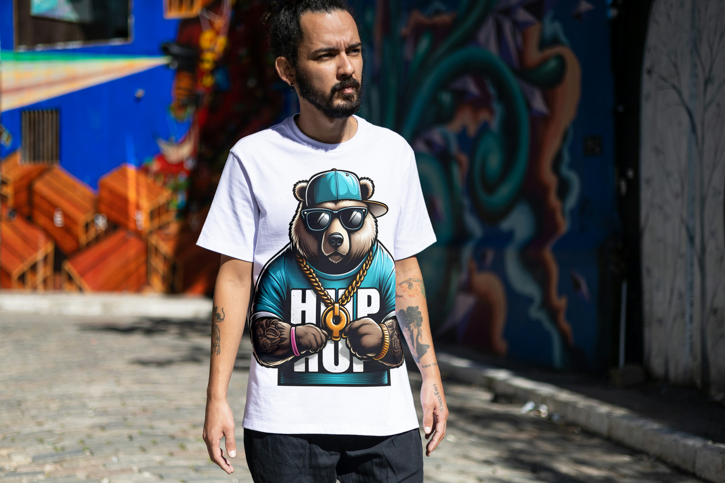 Hip Hop Bear Graphic T-Shirt - Cool Animal Streetwear Tee - Urban Style Rapper Bear with Sunglasses