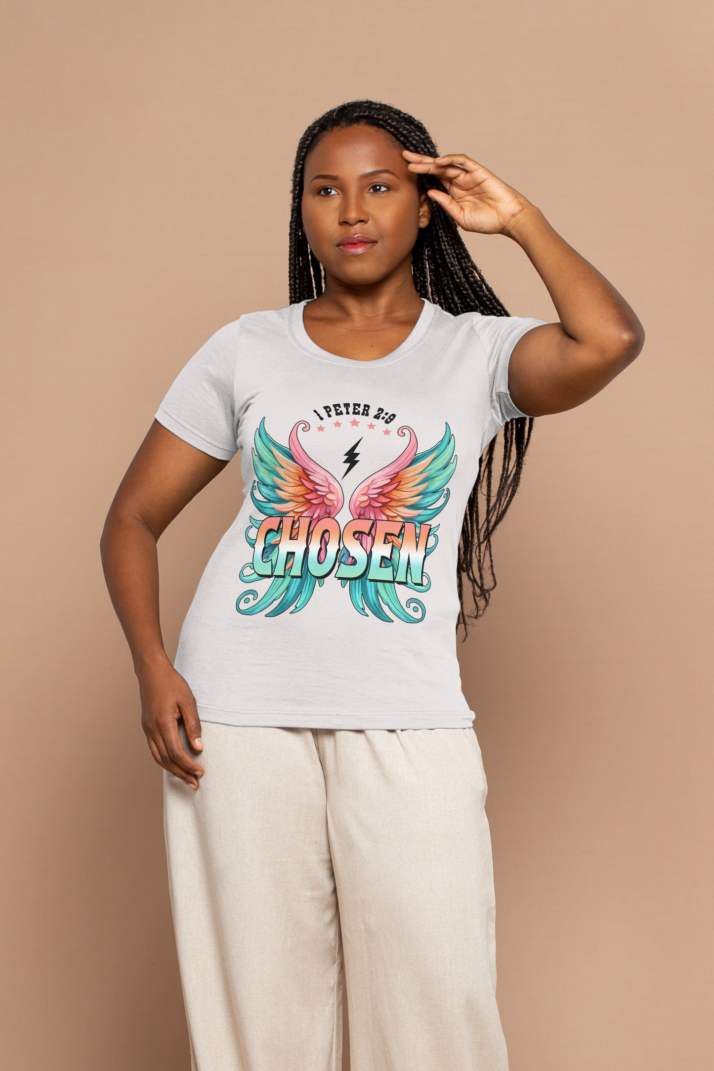 1 Peter 2:9 Chosen Christian T-Shirt - Women's Faith Graphic Tee with Angel Wings - Religious Inspirational Apparel
