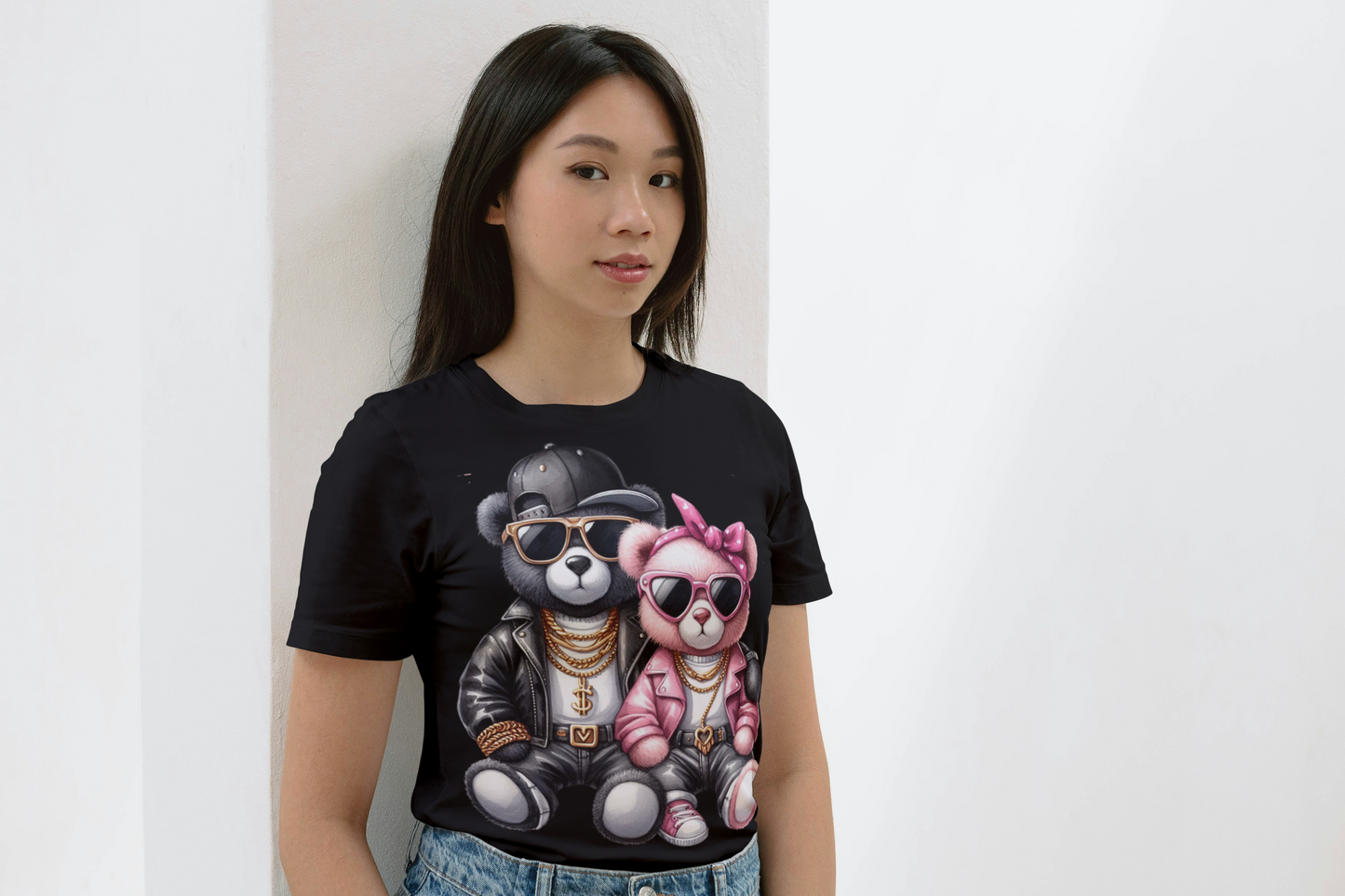 Cool Bear Couple Graphic T-Shirt - Hip Hop Teddy Bears with Sunglasses - Streetwear Fashion Tee