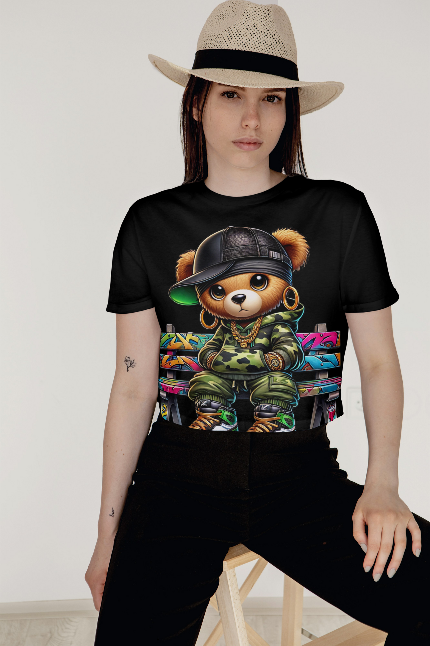 Hip Hop Teddy Bear Graphic T-Shirt - Street Art Graffiti Bear Tee - Urban Streetwear Fashion