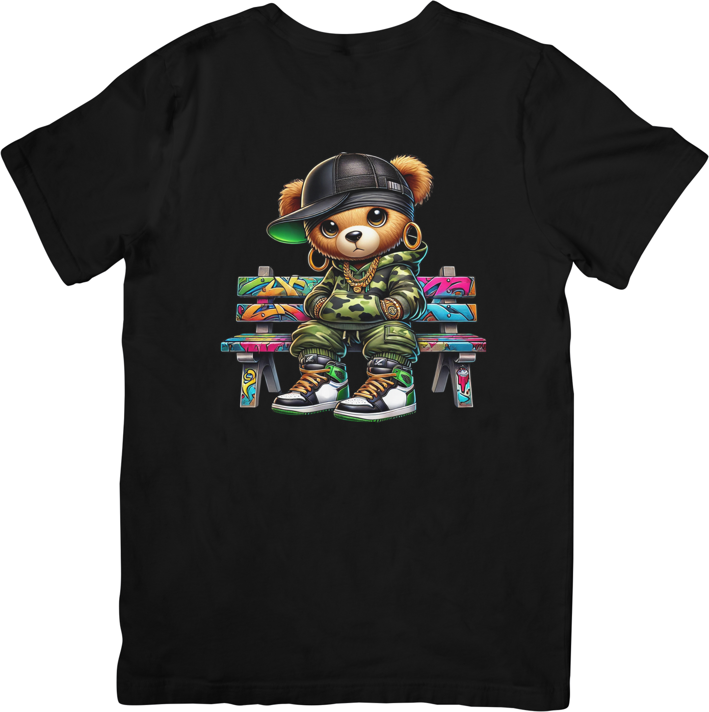 Hip Hop Teddy Bear Graphic T-Shirt - Street Art Graffiti Bear Tee - Urban Streetwear Fashion