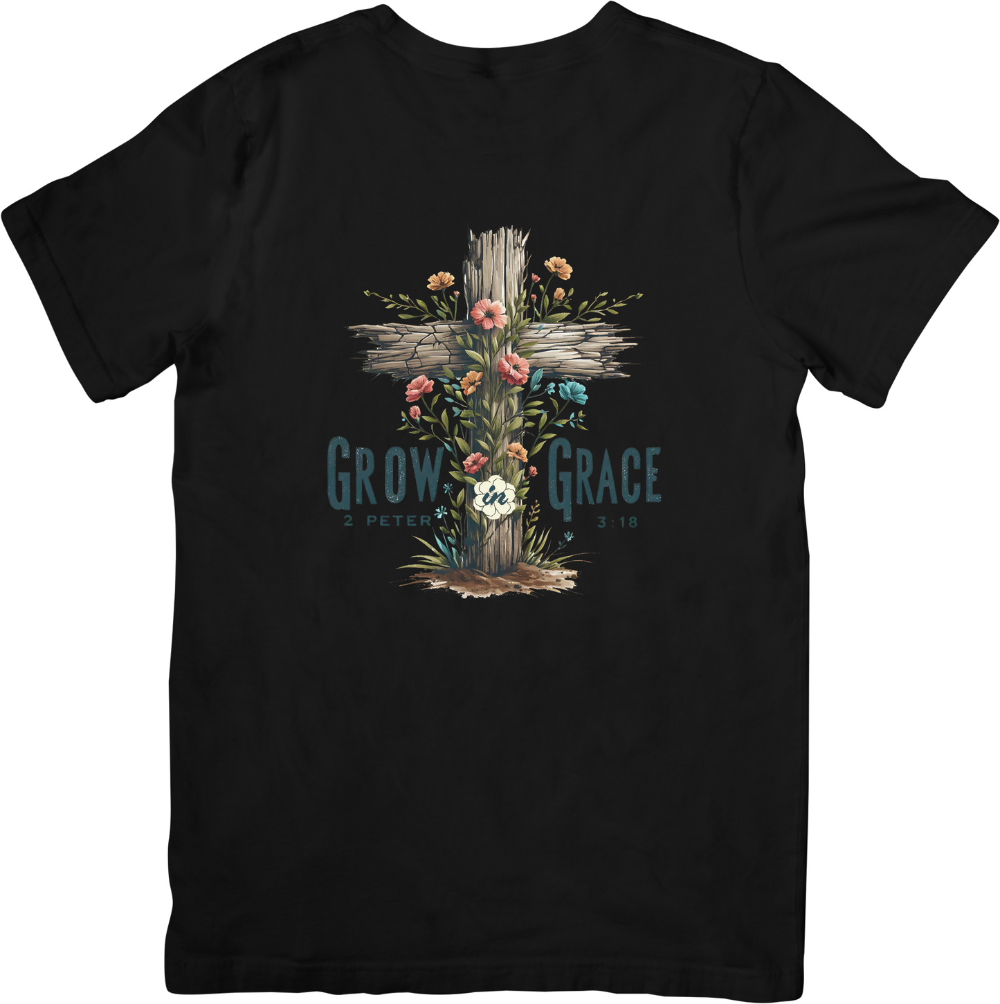 Grow in Grace 2 Peter 3:18 Christian T-Shirt - Faith Inspirational Floral Cross Tee - Religious Women's Apparel