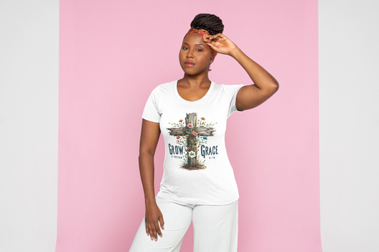 Grow in Grace 2 Peter 3:18 Christian T-Shirt - Faith Inspirational Floral Cross Tee - Religious Women's Apparel