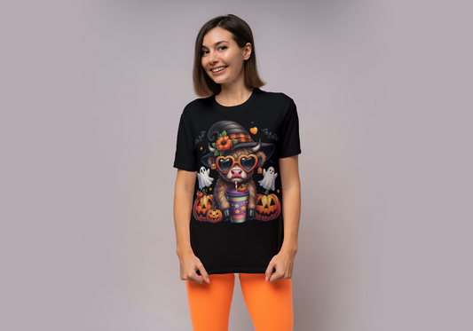 Halloween Cow with Witch Hat T-Shirt - Spooky Farm Animal Graphic Tee - Cute Halloween Pumpkin Shirt