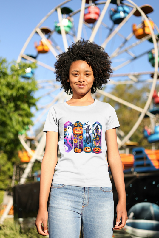 Halloween Spooky Scenes T-Shirt - Ghost Pumpkin Cat Witch Graphic Tee - Women's Halloween Party Shirt