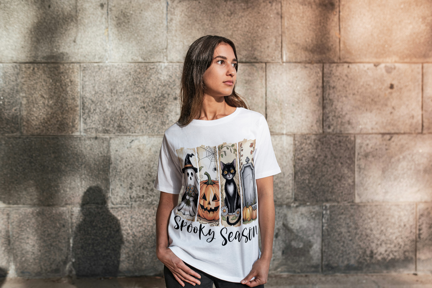 Spooky Season Halloween T-Shirt - Cute Fall Autumn Graphic Tee with Pumpkins & Ghosts