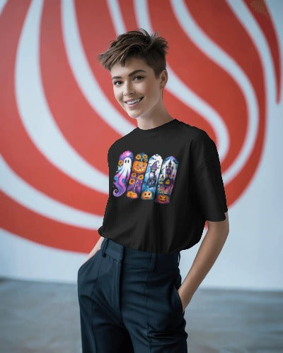 Halloween Spooky Scenes T-Shirt - Ghost Pumpkin Cat Witch Graphic Tee - Women's Halloween Party Shirt