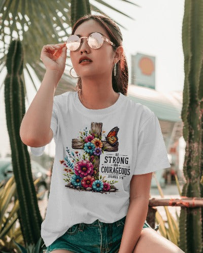 Be Strong and Courageous Joshua 1:9 Christian T-Shirt - Faith Inspirational Graphic Tee with Floral Cross Design