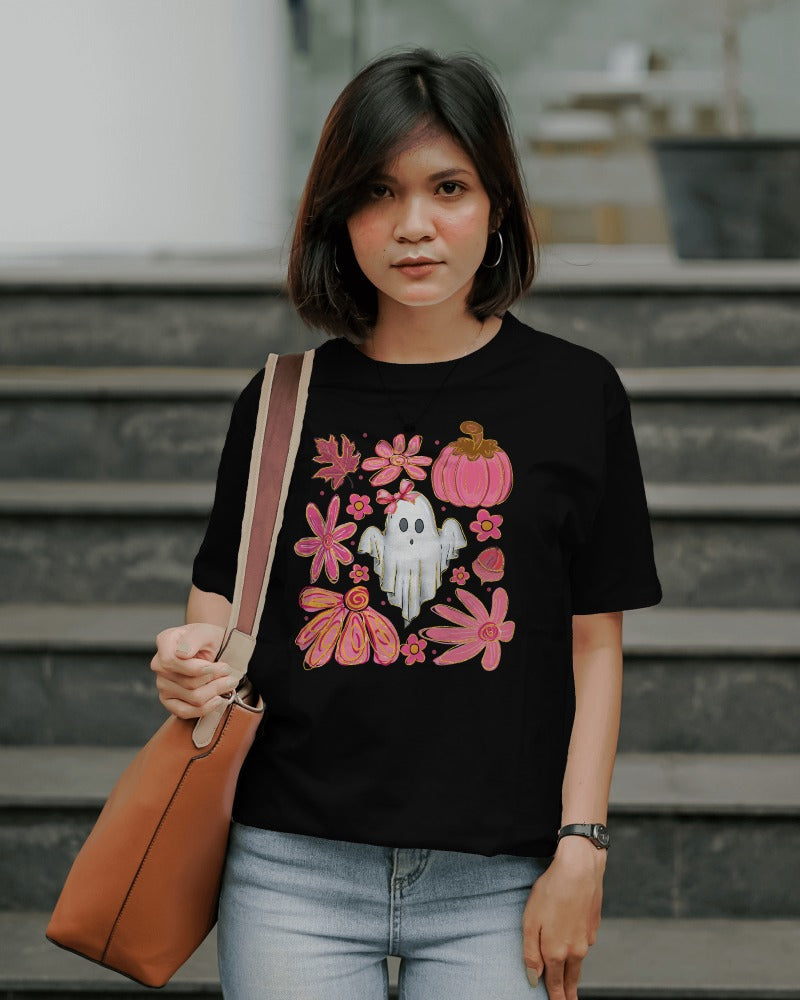 Pink Autumn Haunt Tee Cute Ghost & Fall Vibes