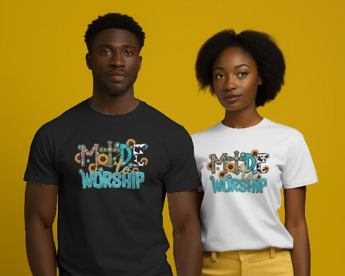 Made to Worship Christian T-Shirt - Faith Based Sunflower Cow Print Tee